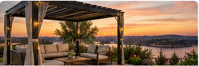 Louvered pergola over an outdoor seating area