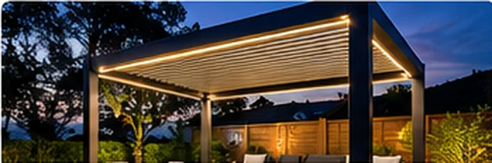 Modern motorized louvered pergola at dusk