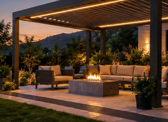 Modern louvered pergola over a furnished backyard patio at sunset